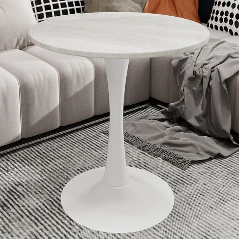 Table de salle à manger 70x70x72cm - pouvant accueillir 2 à 4 personnes - avec un plateau rond en marbre au fini veiné blanc (1/5)