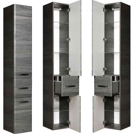 Badezimmer Hochschrank mit 2 Türen und Schubkasten ALINA-66 in Graphit Struktur B/H/T: 30/185,5/33cm (1/5)
