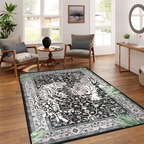 Tapis lavable à motif floral de tigre noir et blanc, tapis tropical vintage, tapis décoratif pour salon, chambre à coucher, entrée, salle à manger, avec surface à pois antidérapante, 50 x 80 cm (1/5)