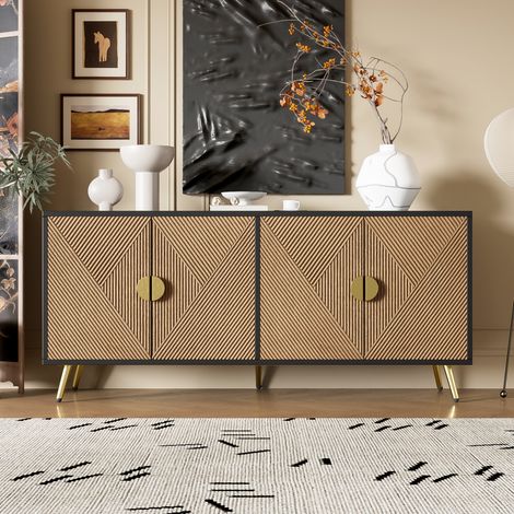 Credenza 160 cm a 4 ante, nero e legno, maniglie dorate spazzolate, piedini lucidi DESVIAE (1/5)