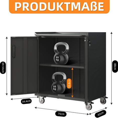 Armoire de rangement métallique robuste pour garage avec roulettes – Étagère autoportante en acier, 75 × 42 × 88 cm, avec roulettes et serrure – universelle pour garage, bureau, sous-sol, atelier (ass (1/5)