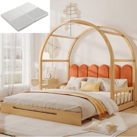 Letto a casetta estraibile in legno naturale 140x200 cm con testiera imbottita, protezione su 3 lati e materasso incluso (1/5)