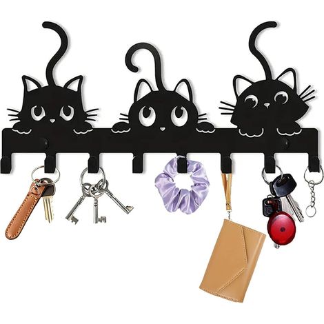 Plaque à clés moderne en métal - Patère avec motif chat - Porte-clés mural avec 8 crochets - Décoration murale pour couloir, appartement, salon et cuisine (3 chats) (1/5)