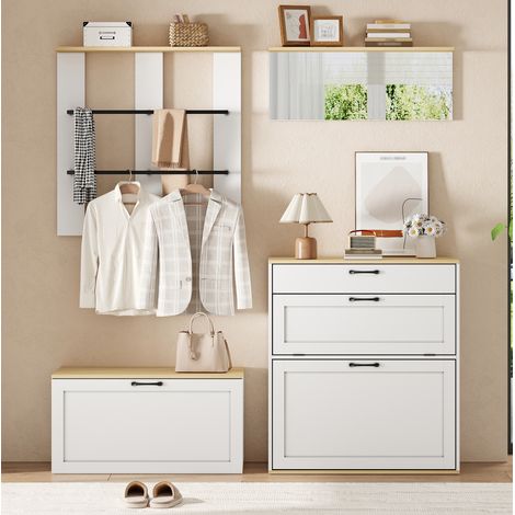 Set guardaroba ingresso 156x36x176 cm, modulare con scarpiera e specchio, panca contenitore, MDF bianco e naturale (1/5)