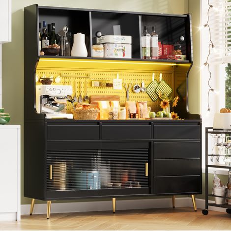 REDOM - Credenza alta 145x39x171 cm, ante scorrevoli, LED con controllo tramite app, vetro scanalato, MDF nero (1/5)
