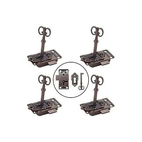 CCYKXA 4 Stück Antikes Schloss und Schlüssel, klassisches Vintage-Schranktürschloss, dekoratives Möbelschloss für Briefkästen, Schließfächer, Schränke, Werkzeugkästen (Rotbronze)