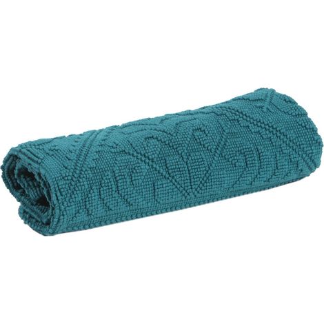 Tapis de Bain en Coton Tissage Jacquard avec Motifs Arabesques Coloris Bleu Paon - PANGIVO (1/3)