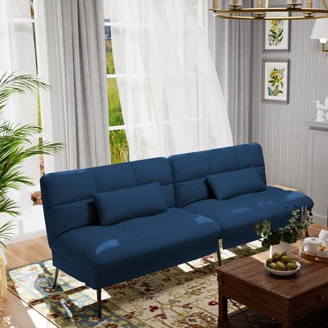 Comhoma – Canapé convertible 3 places en velours de coton – Dossier réglable 5 niveaux – Dimensions 174x55x72 cm – Pieds métalliques pour stabilité – Bleu