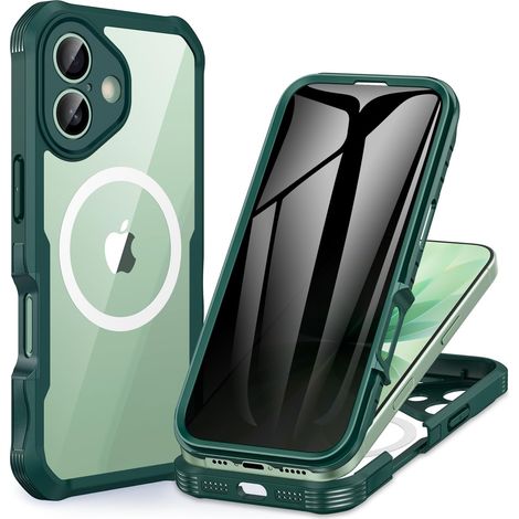 Magnétique Anti Espion Coque iPhone 17 [Compatible avec MagSafe] intégré 9H Verre Trempé Protection écran et Protection Caméra, 360° Antichoc Téléphone Housse Case Intégrale Etui - Vert (1/5)
