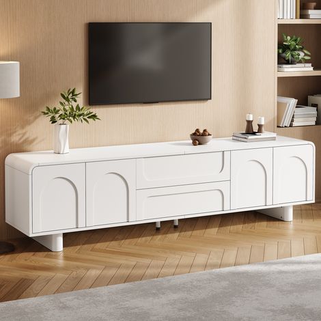 Mueble para TV (180x40x46 cm), con 4 puertas y 2 cajones, esquinas redondeadas, MDF y tablero de partículas blanco (1/5)