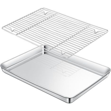 Plaque de cuisson avec grille de refroidissement amovible en acier inoxydable pour barbecue (poêle + 1 support) 32 x 22 cm (1/4)