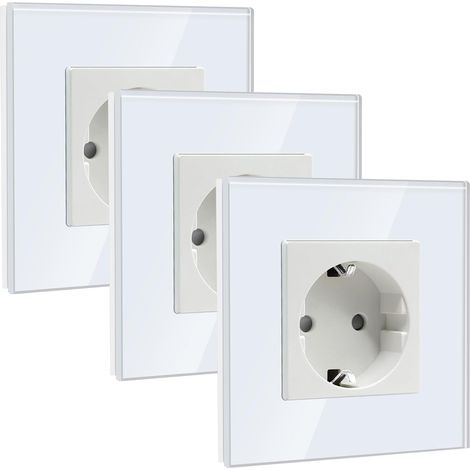 Prise Murale Schuko 1 Gang, Prise en Verre 16Amp avec Plaque en Verre Cristal 86 mm, Rallonge Murale, Blanc 3 Pack (1/5)