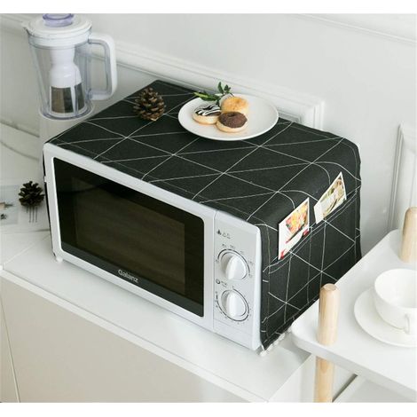 Housse de micro-ondes en lin, chiffon anti-poussière et anti-huile, grille-pain de cuisine avec sac de rangement (motif damier noir)