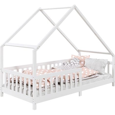 Idimex – Lit cabane asymétrique 90 x 200 cm – Pin massif lasuré blanc – Barrières de protection modulables – Design adapté aux espaces mansardés - CORA 90 X