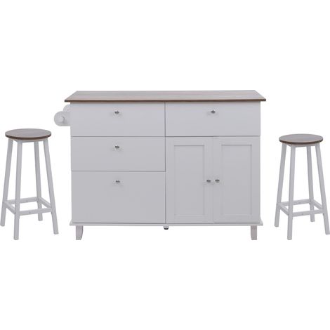 [NON UTILIZZATO] Isola cucina HHG-692 con 2 sgabelli, credenza con cassetti e scomparti MDF 90x131x47 cm, bianco, legno scuro