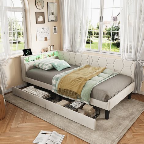 Lit adulte 90x200 avec tiroirs, lit capitonné - avec LED et USB, sommier à lattes - canapé-lit convertible - tissu velours, Beige (1/5)