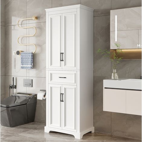 Armoire de salle de bain 57x38x180 cm avec 3 tiroirs, 1 placard et 3 niches, MDF blanc, poignées noires (1/5)