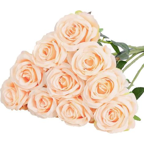 Lot de 10 roses artificielles rouges en flanelle, fleurs artificielles réalistes pour décoration de mariage, maison et jardin, couleur champagne. (1/5)