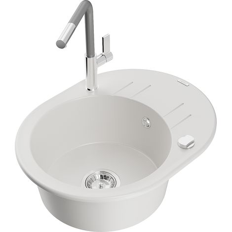 Mexen Kevin fregadero de granito de 1 cubeta con escurridor y grifo de cocina Flora, blanco - 6517-20-670401-06 (1/5)