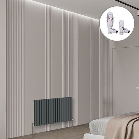 Oval Column Designer Radiator Anthracite + Chrome Angled TRV Thermostatic Radiator Valves Horizontal 600x1003mm Double Panel (1/3)