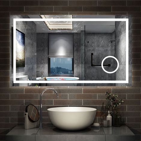 AICA Miroir de salle de bain Bluetooth 160x80 cm, Lumineux 3 Colours et loupe et Mémoire et Dimmable et Anti-Buée, CE//IP44