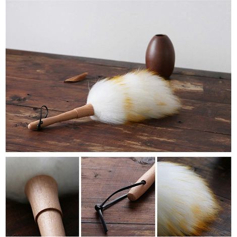 Brosse à poussière anti-acariens, manche court en laine et bois de hêtre, idéale pour la maison, la chambre, le bureau, les ventilateurs, les stores et autres surfaces. (1/4)