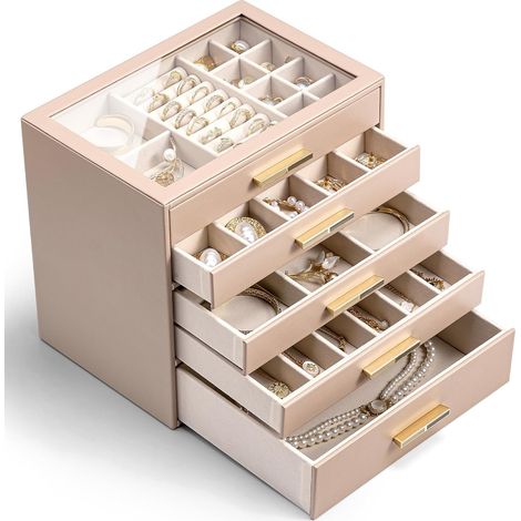 Boîte à bijoux Grande 5 niveaux, avec couvercle en verre, Cuir PU (1/5)