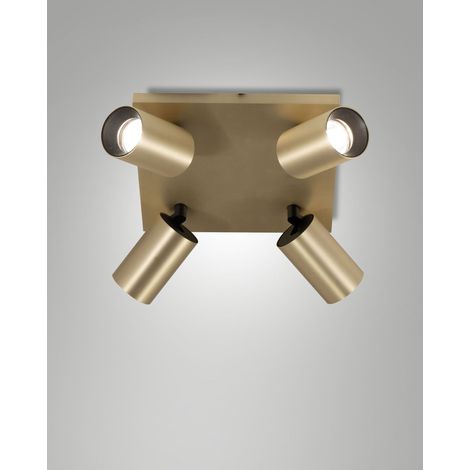 Plafoniera Flores 24x24cm in Alluminio Ottone Satinato, 4x GU10 10W, Struttura pressofusa IP20, Classe 1 - Design Moderno e Compatto