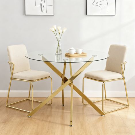 Mesa de comedor redonda 80/80/76 cm de vidrio templado con patas doradas (1/5)