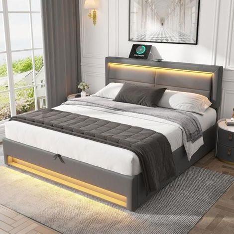 Lit - KOMHTOM - 140x190 PU rembourré - Recharge USB filaire & sans fil - LED 12 couleurs - Rangement sous lit (1/5)
