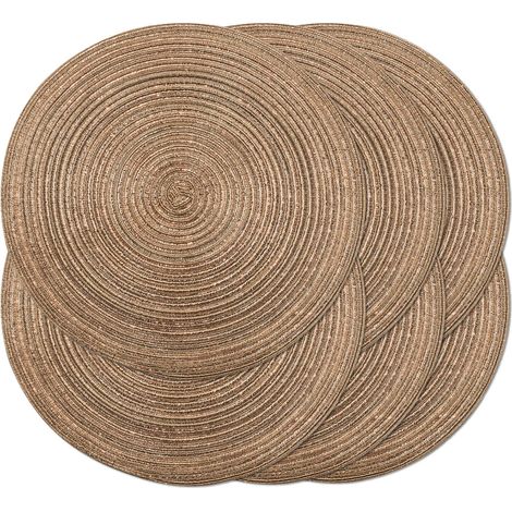 Lot de 6 sets de table ronds tressés de 38,1 cm pour tables de salle à manger, sets de table tissés naturels résistants à la chaleur (marron brillant)'Brillance Marron 6 PCS'Brillance Marron'6 PCS