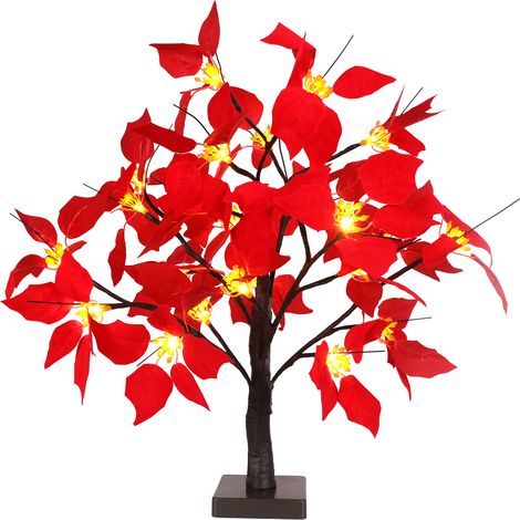Lampe d'arbre de Poinsettia artificielle 24 LED 19,7 pouces, fleur de noël éclairée par table pour la maison, chambre à coucher, décoration de fête rouge (1/5)