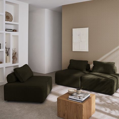 Lot de 3 chauffeuses pour canapé modulables velours côtelé vert foncé avec un coussin (1/5)