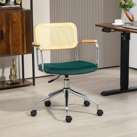 Silla de oficina, diseño bohemio, reposabrazos de madera, giratoria, regulable, hasta 120 kg, acero, verde.