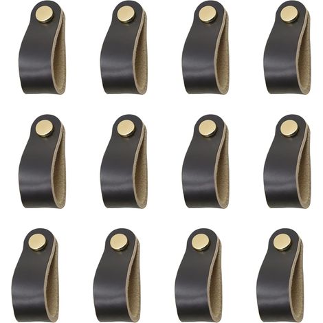 12 Pièces Cuir Poignee,Cuir Meuble Poignée, Poignee Cuir Bouton,Cuir Poignées de Placard, Poignées en Cuir Cuisine armoires,Poignée en Cuir Délicat avec Vis (noir) (1/5)