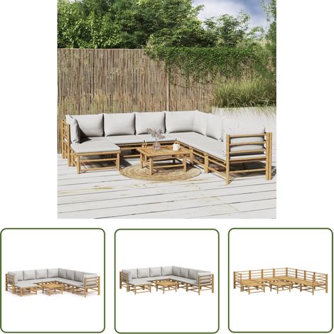 The Living Store 9-tlg. Garten-Lounge-Set mit Kissen Hellgrau Bambus - Bambus Möbel - Gartenloungeset - Outdoor Möbel - Esstisch - Wohnzimmergarnitur (1/5)