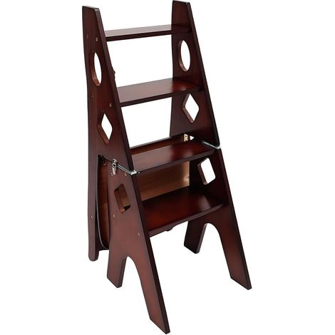 WooDerson Escabeau pliable en bois - 4 niveaux - Chaise de bibliothèque et tabouret - Support de fleurs multifonction pliable et tabouret pliable (noyer) (1/5)