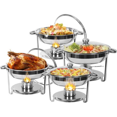 Chauffe-Plat 4PCs 4,5 L, Buffet Chauffant Rond Chafing Dish en Acier Inoxydable, avec Couvercle en Verre et Porte-Carburant, pour Buffet Hôtel Traiteur Restaurant (1/5)