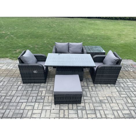 Fimous PE Rotin Extérieur Meubles De Jardin Ensemble Hauteur Réglable Salle À Manger Table Élévatrice Amour Canapé avec Table De Chevet Chaises Grand Tabouret (1/5)
