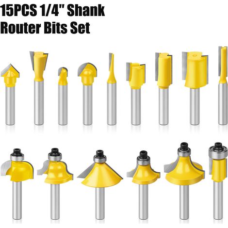 15 Pièces Fraise Defonceuse 1/4" poignée Fraise Bois Fraises à Rainurer Carbide Router Bits Fraise à Menuiserie Routeur Électrique
