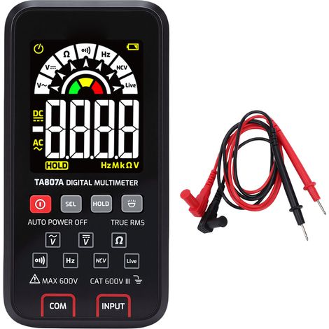 Multimetro digitale con indicatore di tensione, resistenza e frequenza, selezione manuale della portata e display a colori. (1/5)