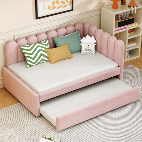 Letto a castello 140x200 cm / 90x190 cm, letto matrimoniale con rete a doghe in legno e testiera in velluto a fiori - Rosa