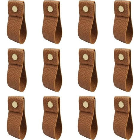 CSPARKV 12 Pièces Poignee Cuir Marron PU Poignée de Tiroir en Cuir Poignées de Placard avec Vis Accessoires pour Meubles, Cuisine, Salle Bain Armoires Cabinet, Garde-Robe Commode (1/5)