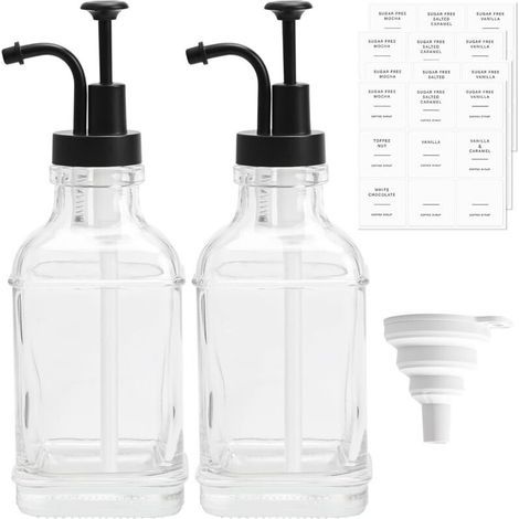 Set di 2 dispenser per sciroppo in vetro da 500 ml con pompe ed etichette per sciroppo da caffè, per cucina e bar, con imbuto e 36 adesivi. (1/5)
