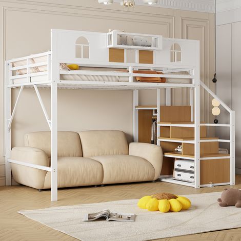 REDOM Cama alta 140x200 cm con escalera con almacenaje, metal, blanco (Sin colchón) (1/5)