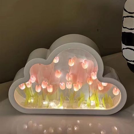 Veilleuse miroir tulipe nuage à faire soi-même, lampe de table avec imitations florales pour la chambre, décoration intérieure créative, décoration de chambre pour adolescentes (rose) (1/4)