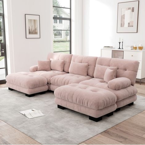 Sofá modular en U de chenilla rosa con otomanas móviles OKMYHOME (1/5)