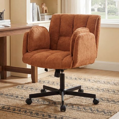 Chaise de bureau pivotante avec roulettes, accoudoirs rabattables, coussin lombaire réglable, tissu - orange