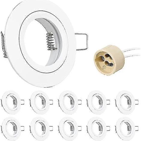 10 spots encastrés GU10 en aluminium blanc, cadre de montage avec douille GU10, support rond extra plat pour spots encastrés au plafond (compatibles LED ou autres). (1/5)