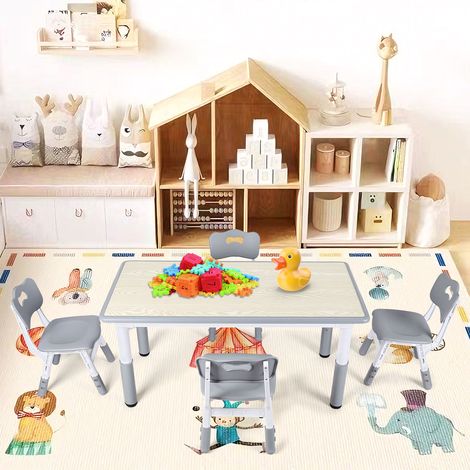 Jiubiaz Conjunto de mesa y sillas infantiles regulable en altura, tablero gris efecto madera lavable, 120 x 60 cm, 4 sillas (1/5)
